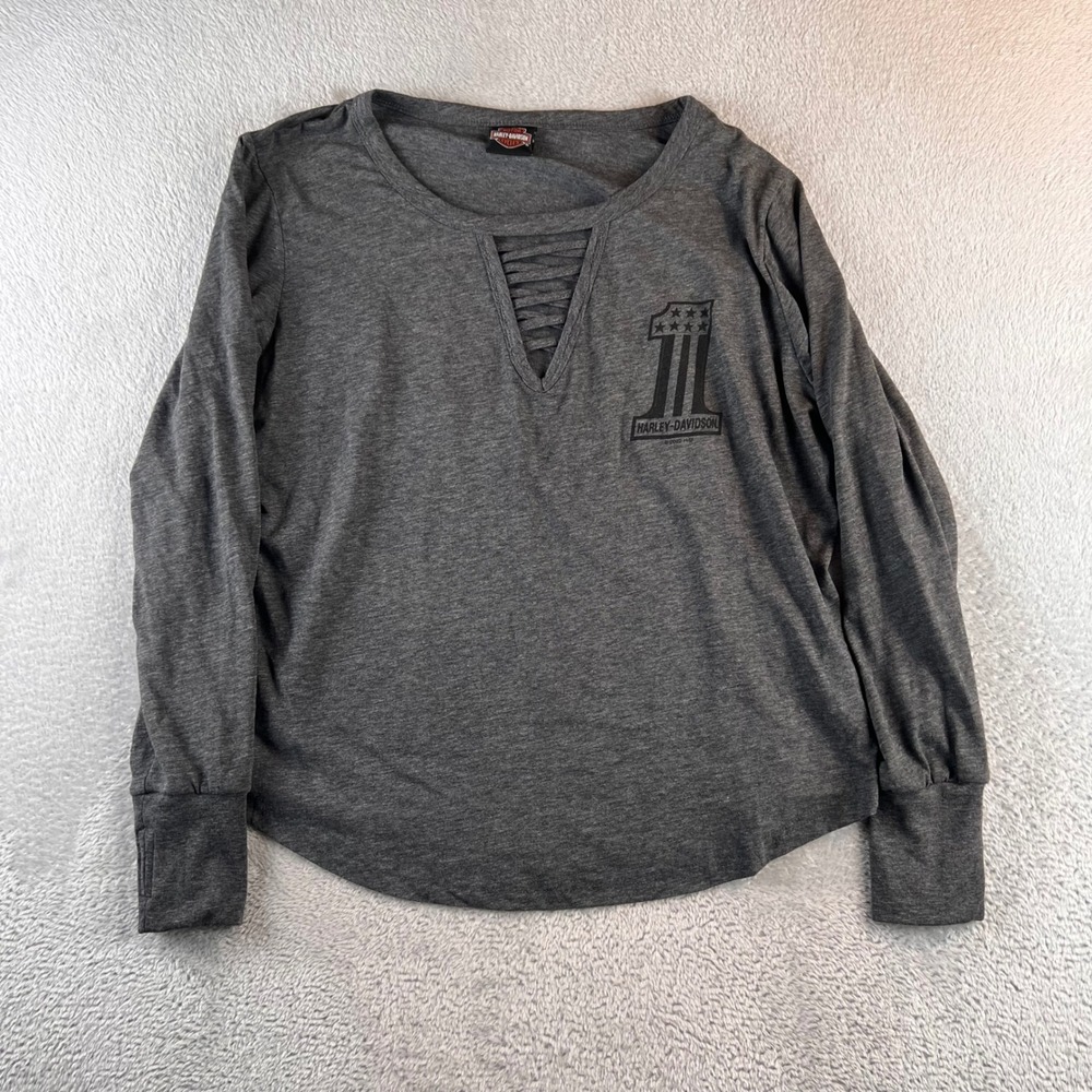 Harley-Davidson Womens Long Sleeve Graphic Tee Grey Lattice Neck Conneaut Lake L